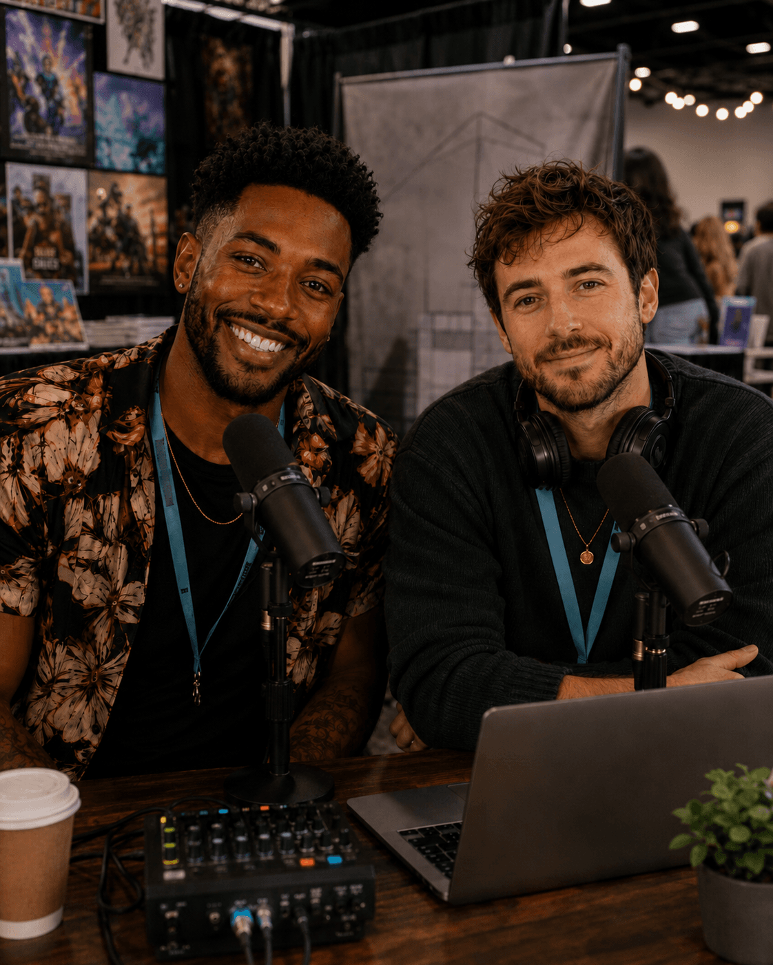 Two people recording a podcast together, smiling at their shared project