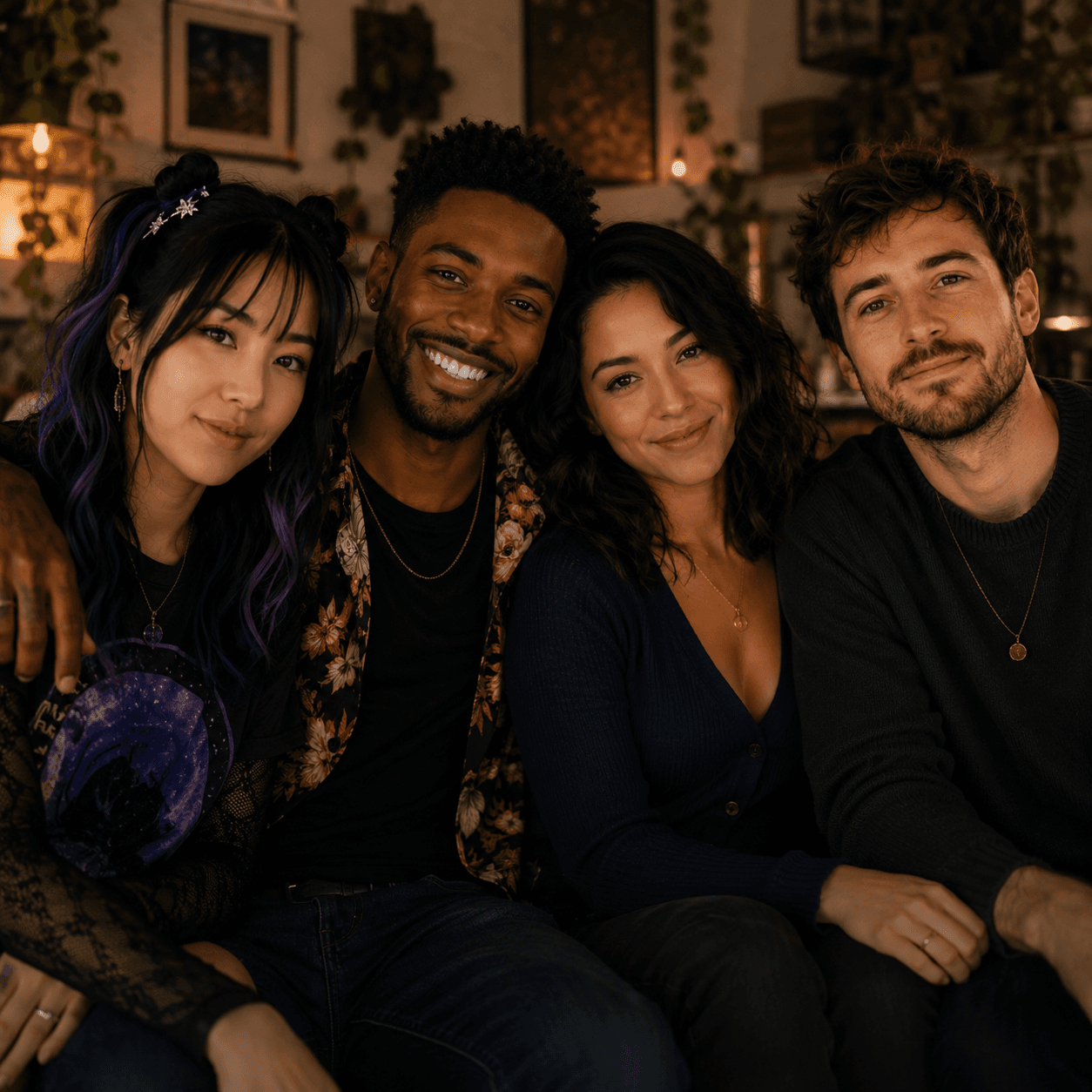 Four friends smiling together in a warm, cozy setting
